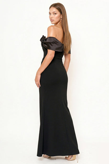 Symphony Dress - Rolled Up Flower Detail Off The Shoulder Maxi Dress
