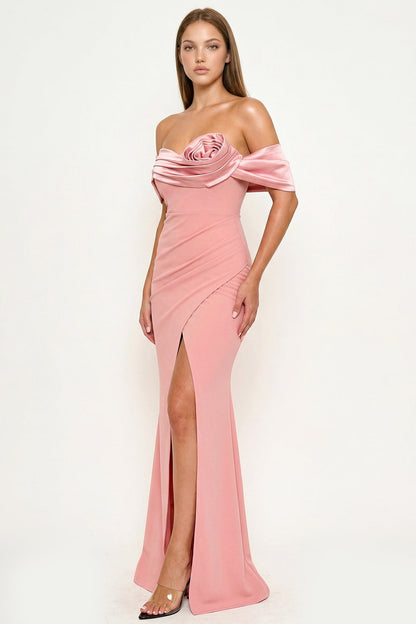 Symphony Dress - Rolled Up Flower Detail Off The Shoulder Maxi Dress