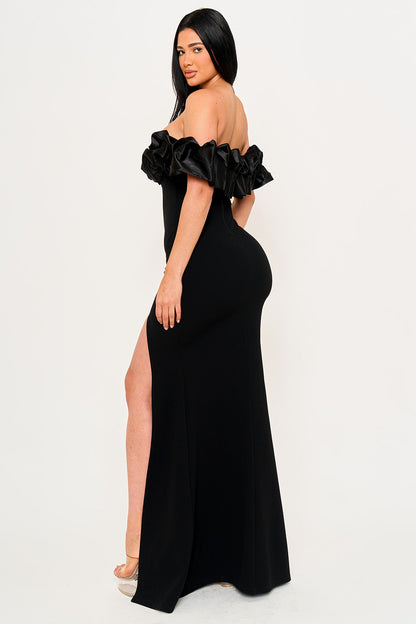 Symphony Dress - Satin Ruffle On Shoulder Maxi Dress