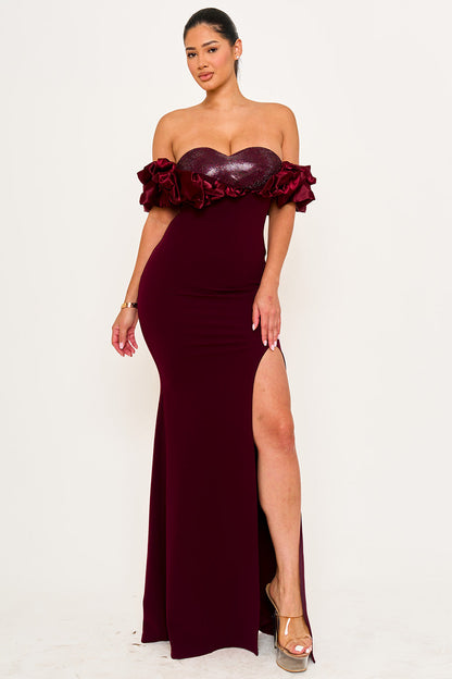 Symphony Dress - Satin Ruffle On Shoulder Maxi Dress