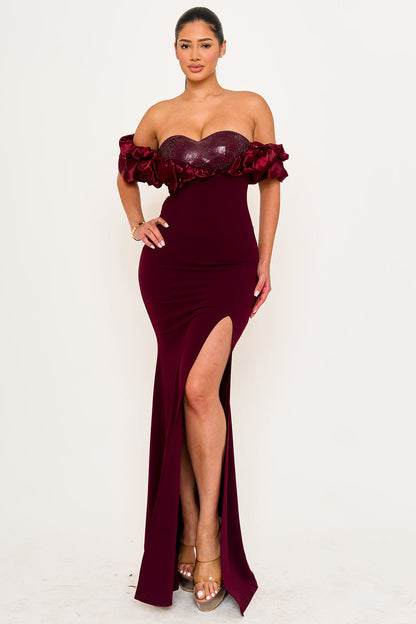 Symphony Dress - Satin Ruffle On Shoulder Maxi Dress
