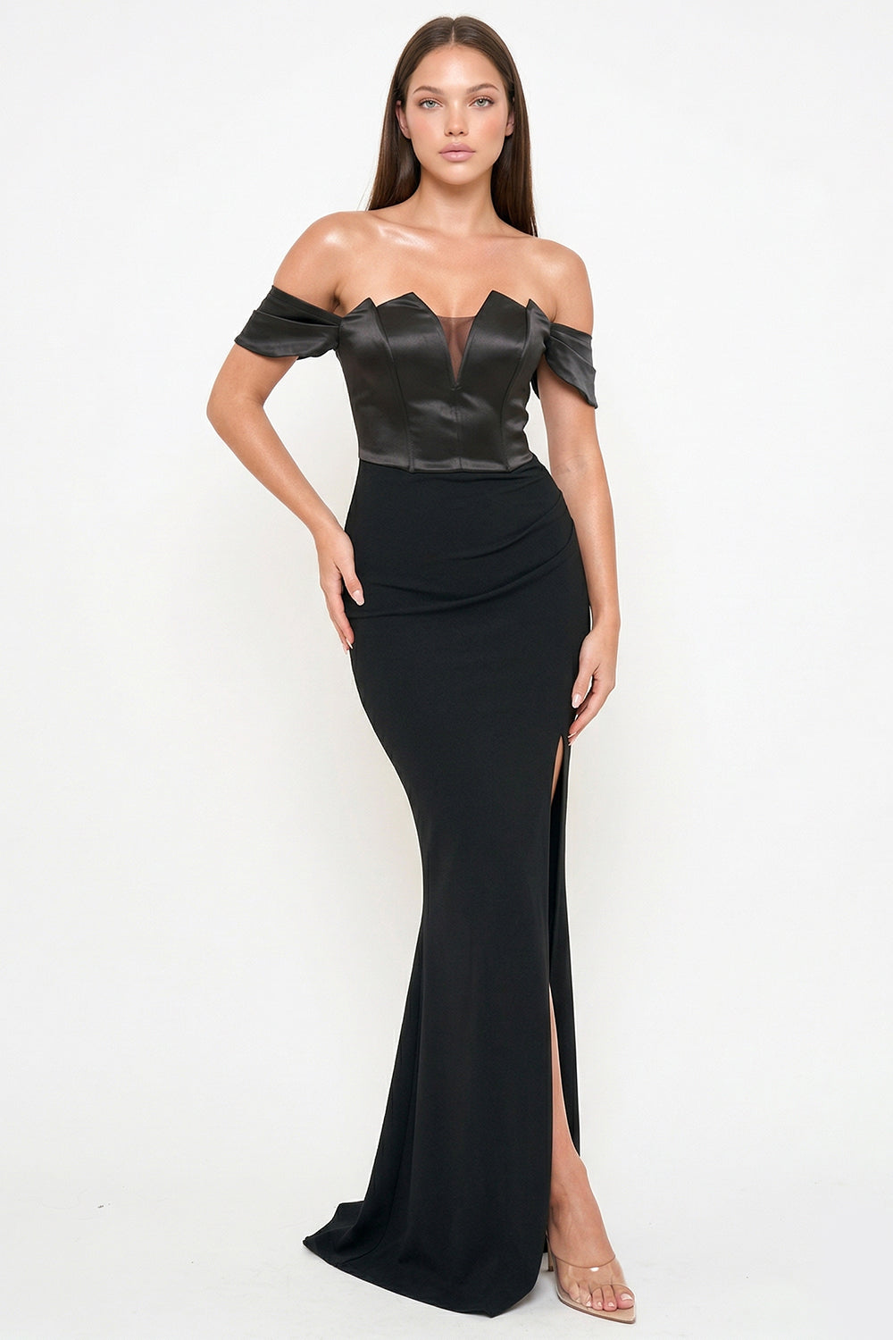 Symphony Dress - Satin Top With Overlay Mesh Maxi Dress