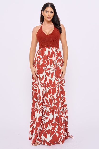 Symphony Dress - Crochet Halter Top With Printed Maxi Dress