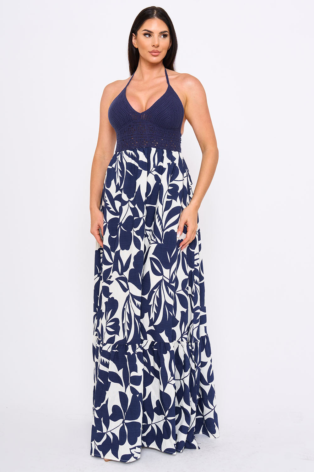 Symphony Dress - Crochet Halter Top With Printed Maxi Dress