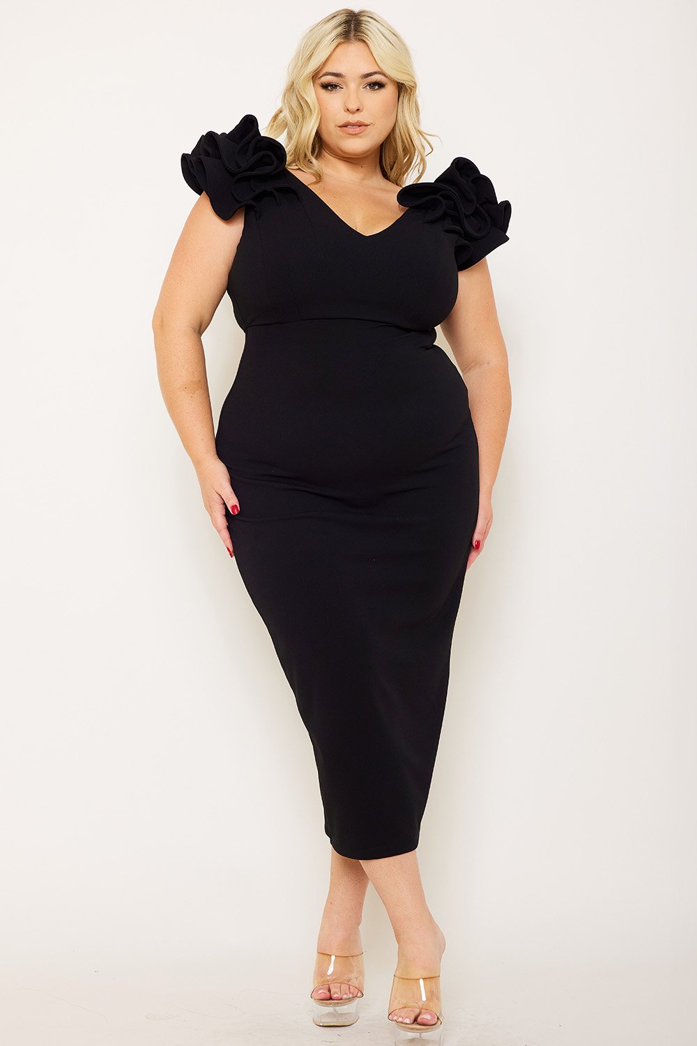 Plus Size Night Out Symphony Dress - Ruffle Detail Shoulder Plus Size Night Out Midi Dress