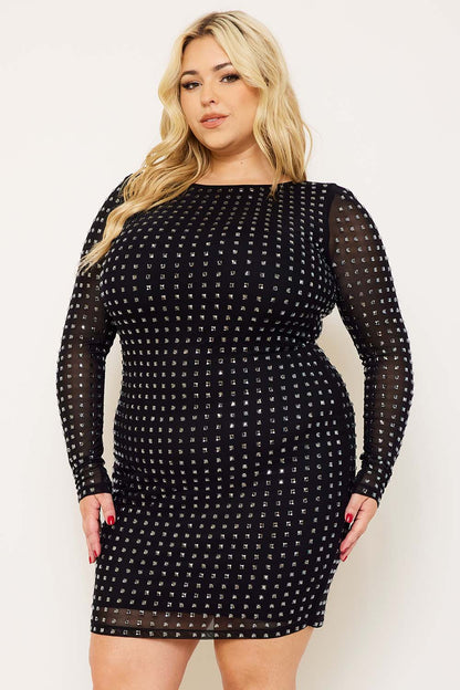 Symphony Dress - Square Rhinestone Long Sleeve Plus Size Night Out Mini Dress