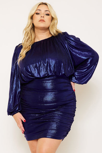 Symphony Dress - Metallic Foil Pleated Plus Size Night Out Mini Dress