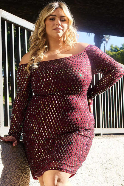 Symphony Dress - Rhinestone On Power Mesh Off The Shoulder Night Out Plus Size Mini Dress