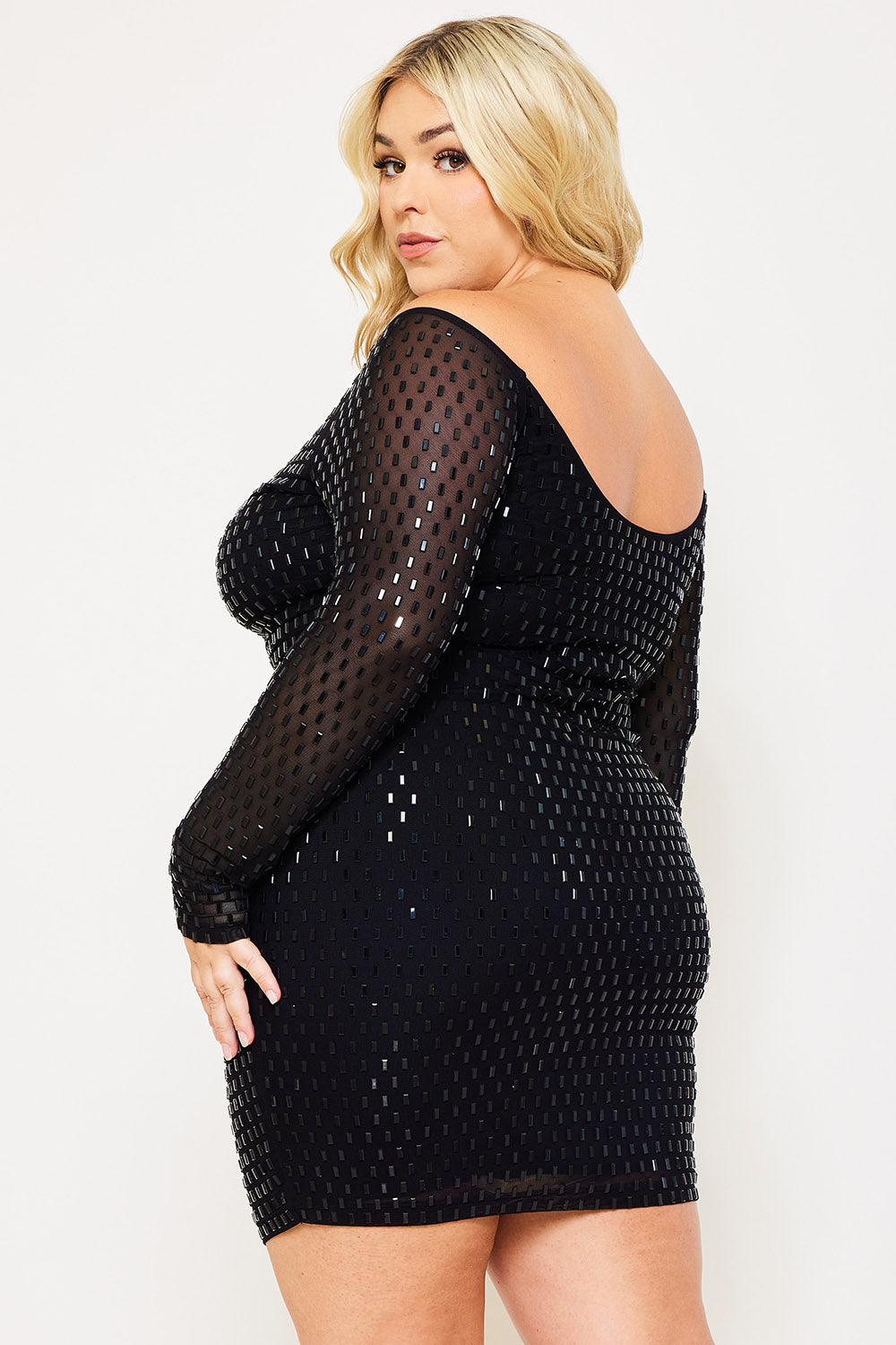 Symphony Dress - Rhinestone On Power Mesh Off The Shoulder Night Out Plus Size Mini Dress