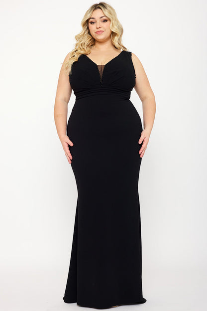 Symphony Dress - Mesh Detailed On Bust Pleated Plus Size Maxi Dress
