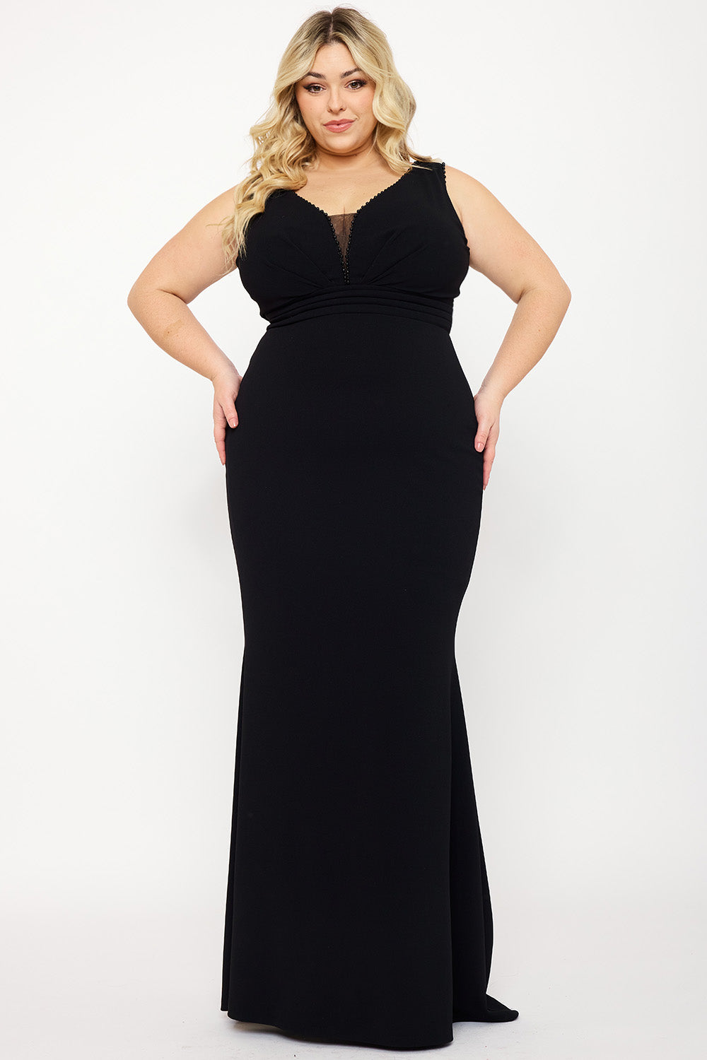 Symphony Dress - Mesh Detailed On Bust Pleated Plus Size Maxi Dress