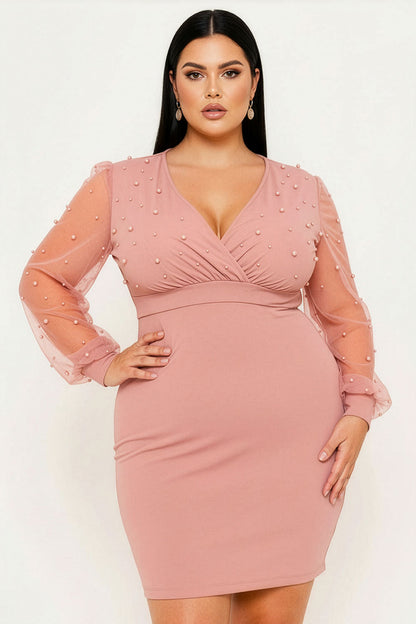 Plus Size Night Out Symphony Dress - Pearl Beaded Mesh Mini Dress