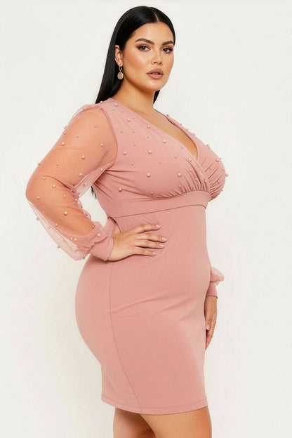 Plus Size Night Out Symphony Dress - Pearl Beaded Mesh Mini Dress