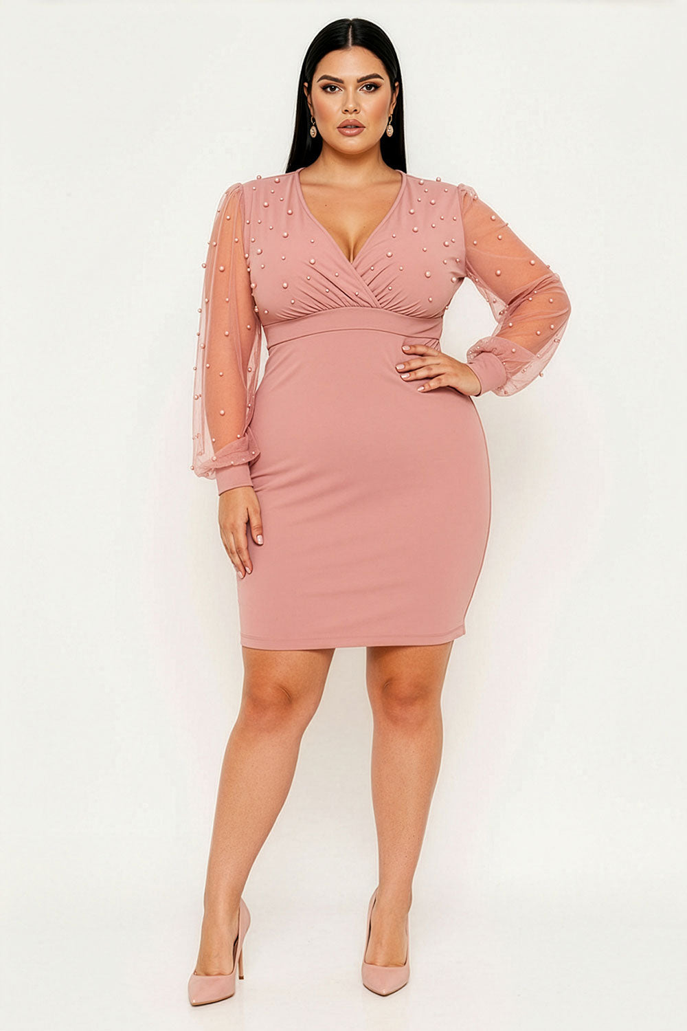 Plus Size Night Out Symphony Dress - Pearl Beaded Mesh Mini Dress