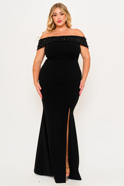 Symphony Dress - Pearl Beaded Detail Off The Shoulder Mermaid Plus Size Maxi Dress