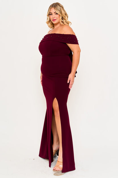 Symphony Dress - Pearl Beaded Detail Off The Shoulder Mermaid Plus Size Maxi Dress
