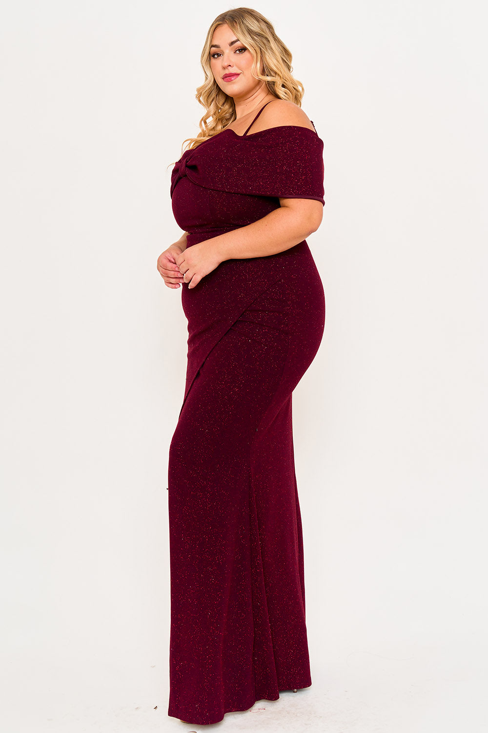 Symphony Dress - Glitter Bow Front Open Shoulder Plus Size Maxi Dress