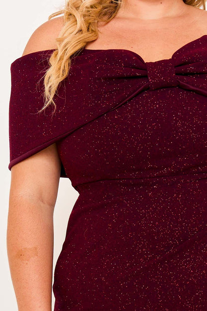 Symphony Dress - Glitter Bow Front Open Shoulder Plus Size Maxi Dress