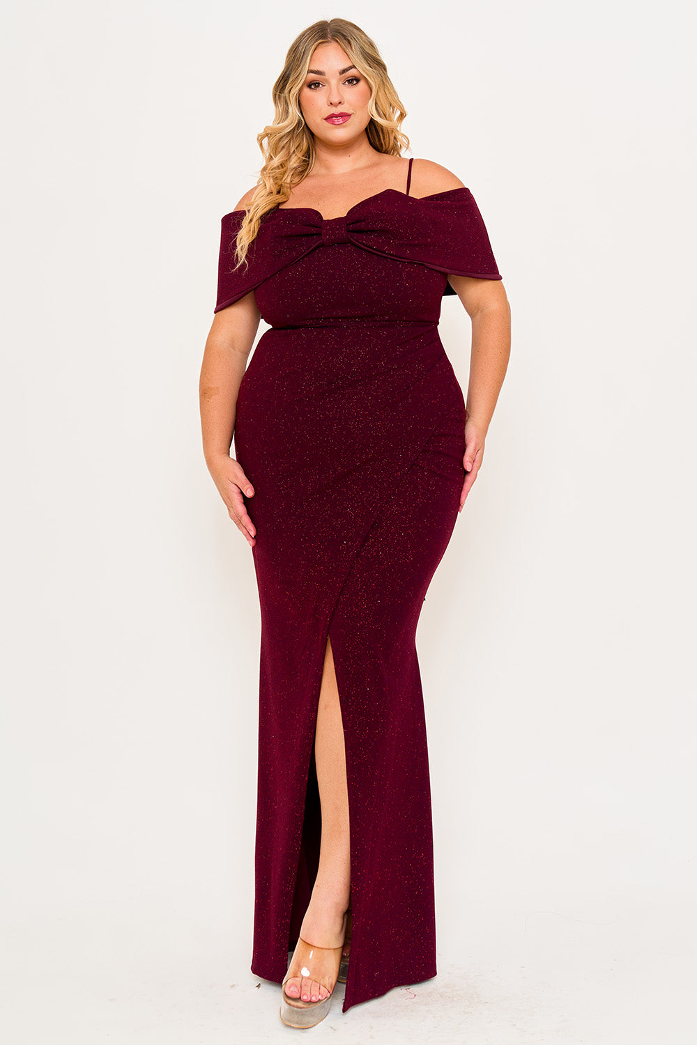 Symphony Dress - Glitter Bow Front Open Shoulder Plus Size Maxi Dress