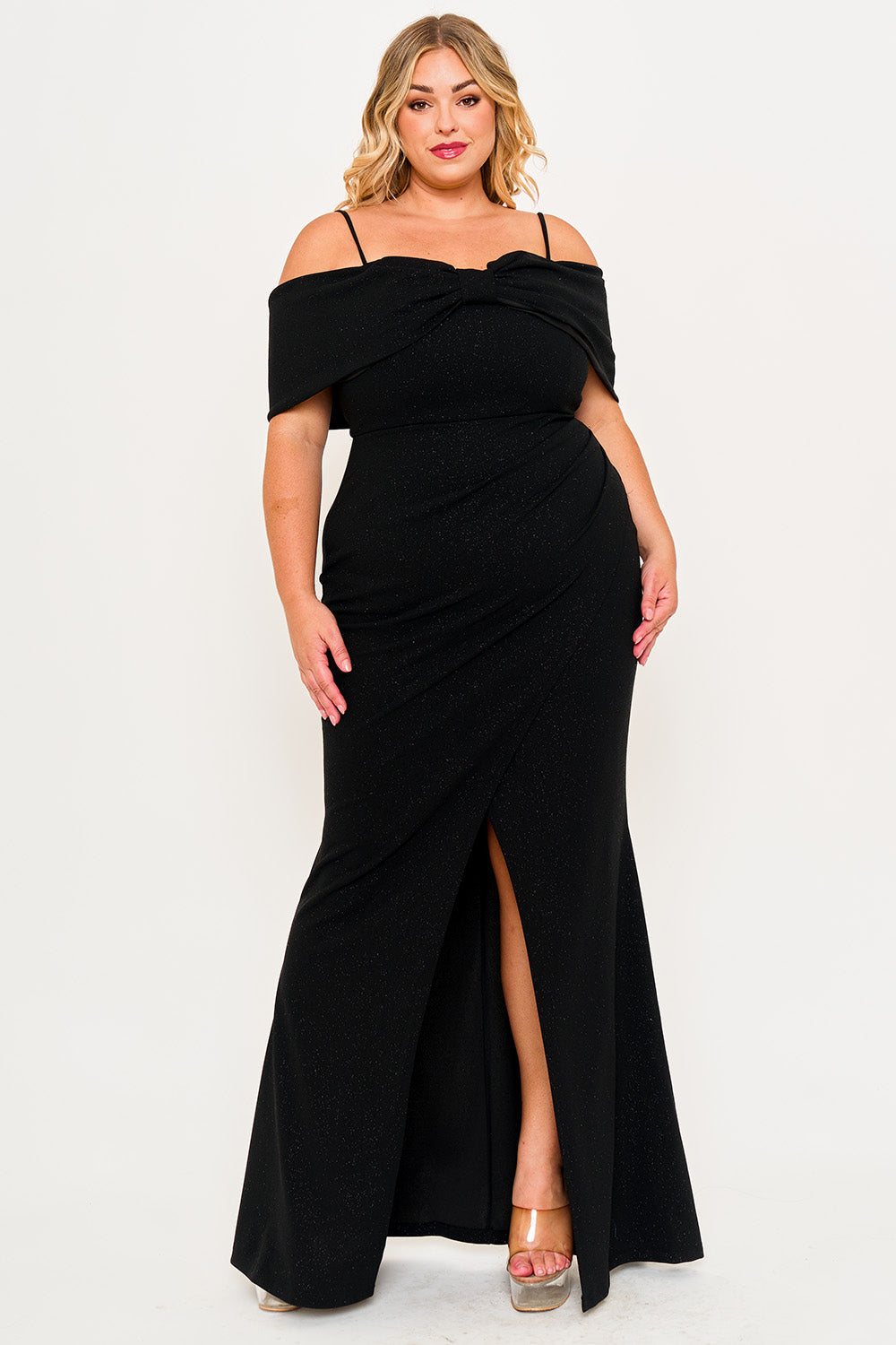 Symphony Dress - Glitter Bow Front Open Shoulder Plus Size Maxi Dress