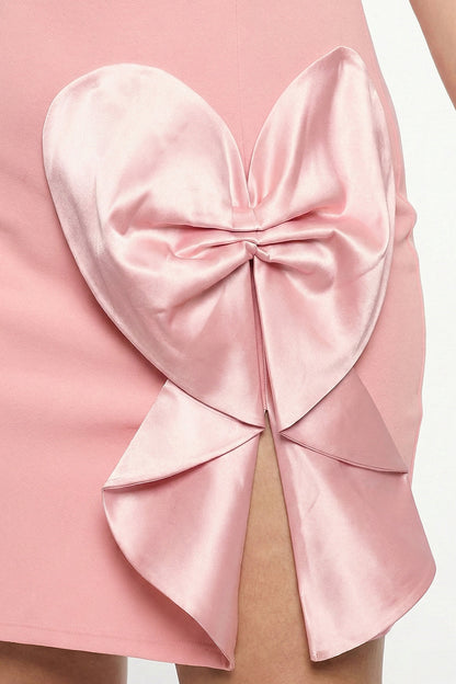 Plus Size Night Out Dress - Satin Bow Detail Fabric Contrast Plus Size Mini Dress