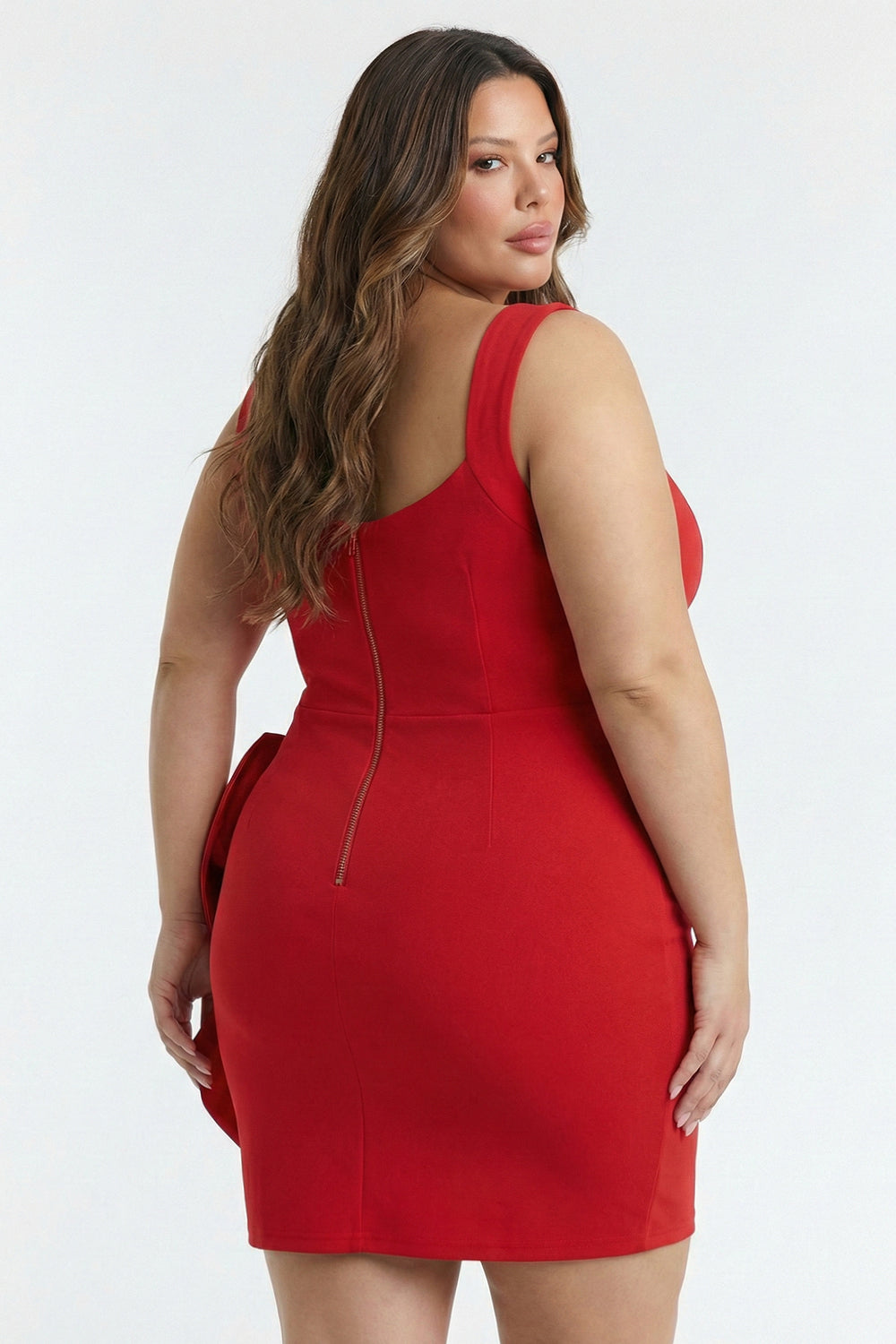 Plus Size Night Out Dress - Satin Bow Detail Fabric Contrast Plus Size Mini Dress