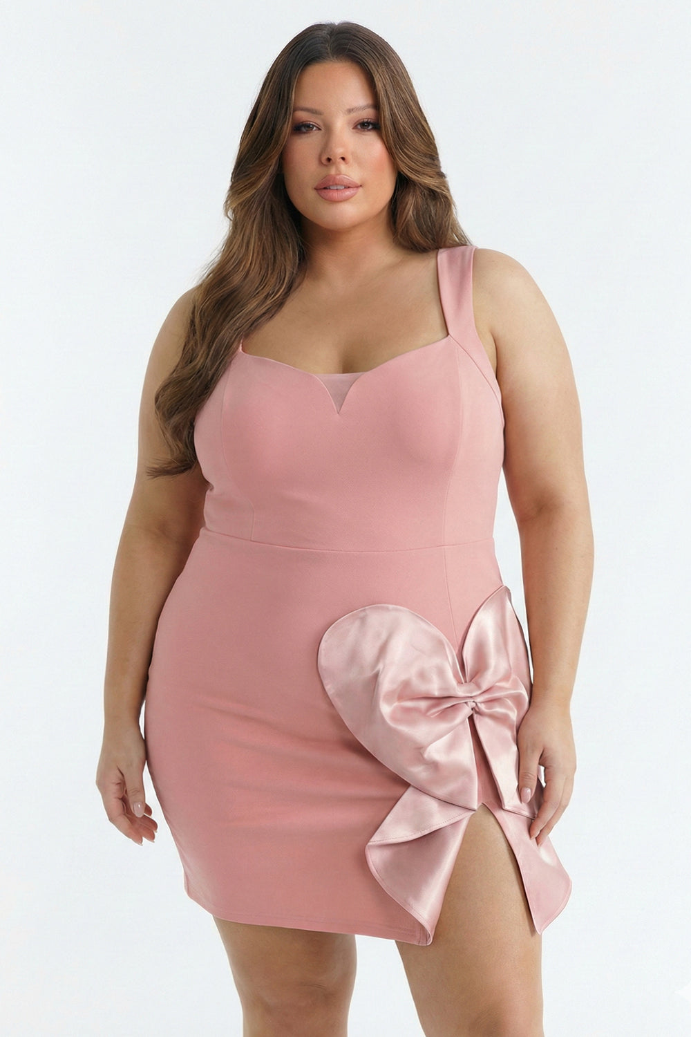 Plus Size Night Out Dress - Satin Bow Detail Fabric Contrast Plus Size Mini Dress