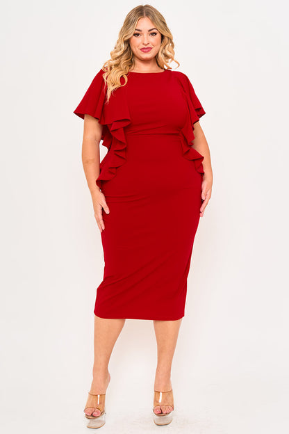 Plus Size Night Out Dress - Drop Shoulder With Ruffle Night Out Plus Size Midi Dress