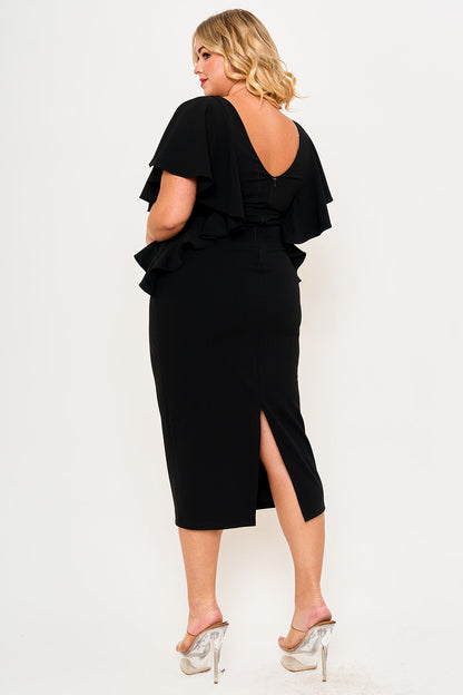 Plus Size Night Out Dress - Drop Shoulder With Ruffle Night Out Plus Size Midi Dress