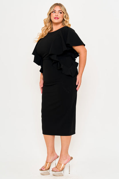 Plus Size Night Out Dress - Drop Shoulder With Ruffle Night Out Plus Size Midi Dress