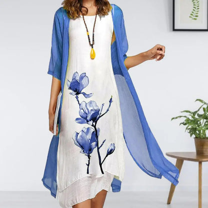 Bloom | Women's Floral Print 2 Piece Dress Set with Sheer Cardigan