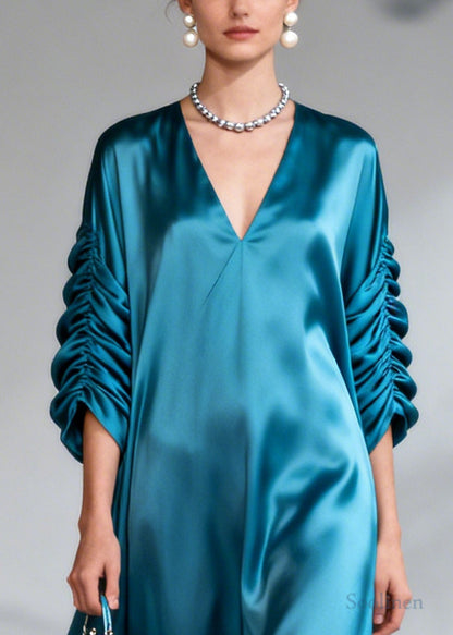 Sea Blue Draping Silk Dress Oversized Wrinkled Summer