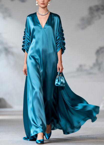 Sea Blue Draping Silk Dress Oversized Wrinkled Summer