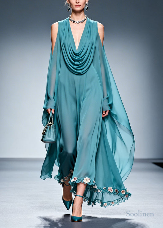 Sea Blue Patchwork Chiffon Maxi Dresses Cold Shoulder Flower Lace Summer