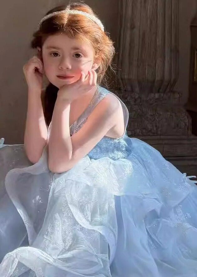 Sequins Blue O-Neck Sequins Tulle Girls Long Dress Sleeveless