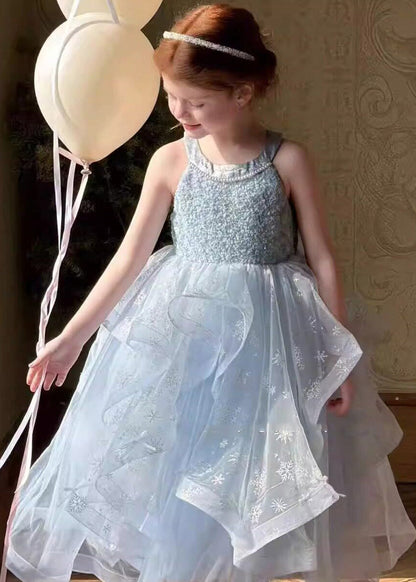 Sequins Blue O-Neck Sequins Tulle Girls Long Dress Sleeveless