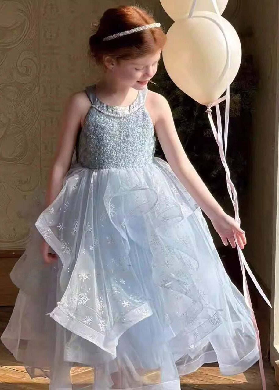 Sequins Blue O-Neck Sequins Tulle Girls Long Dress Sleeveless