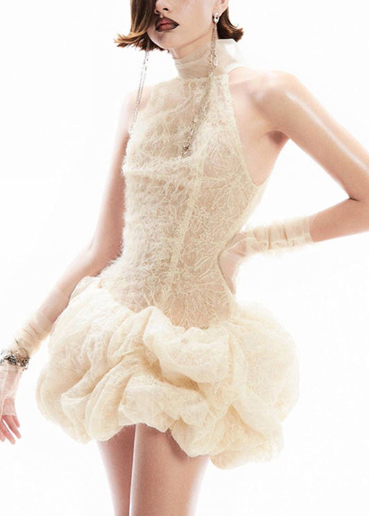 Sexy Apricot Turtleneck Patchwork Lace Mid Dress Sleeveless