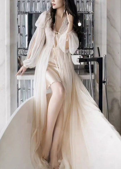Sexy Beige Lace Lace Up Tulle Pajamas Two Pieces Set Fall