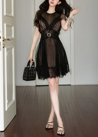 Sexy Black Dot Lace Sashes Tulle Dress Summer