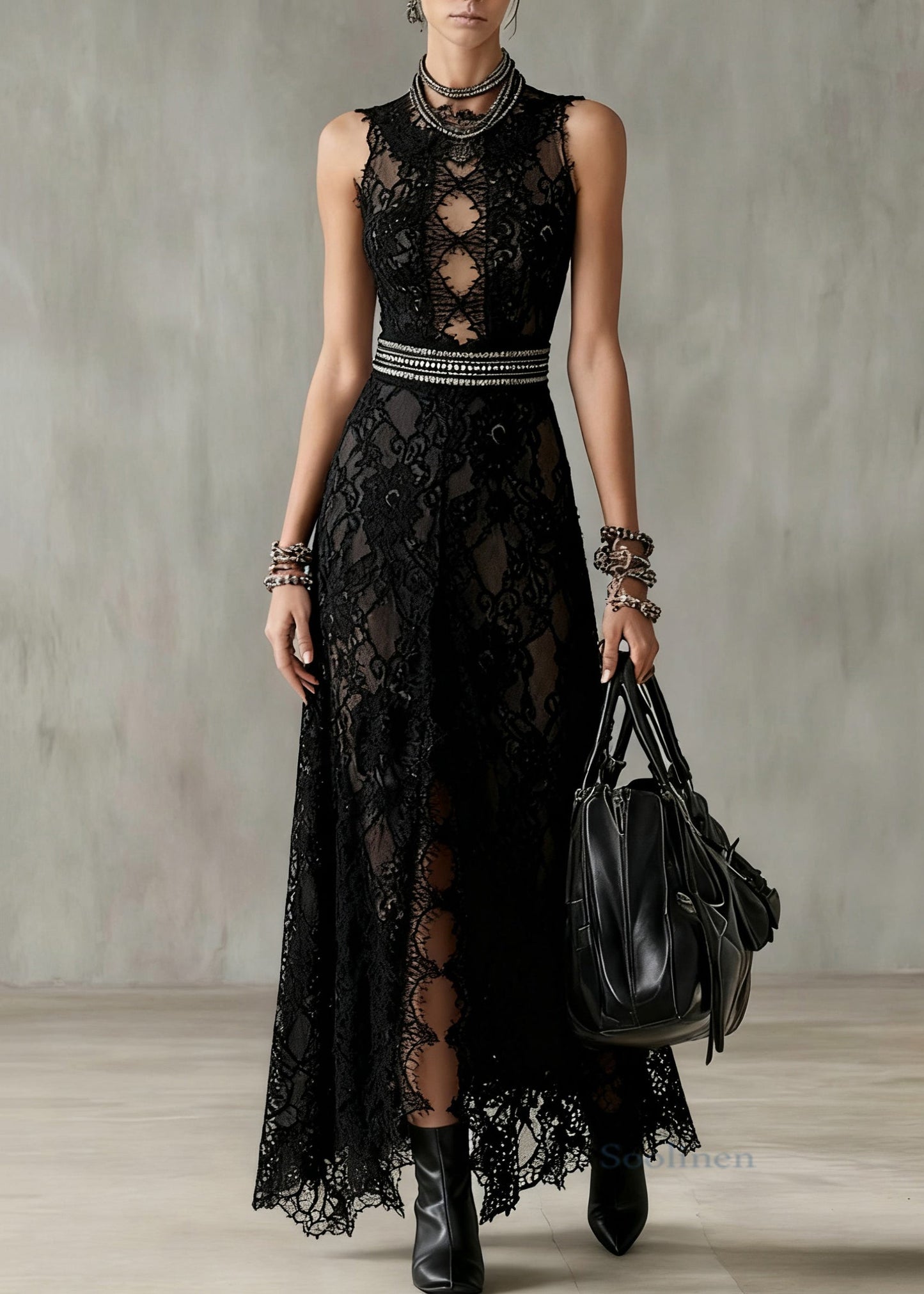 Sexy Black Hollow Out Side Open Lace Long Dresses Sleeveless