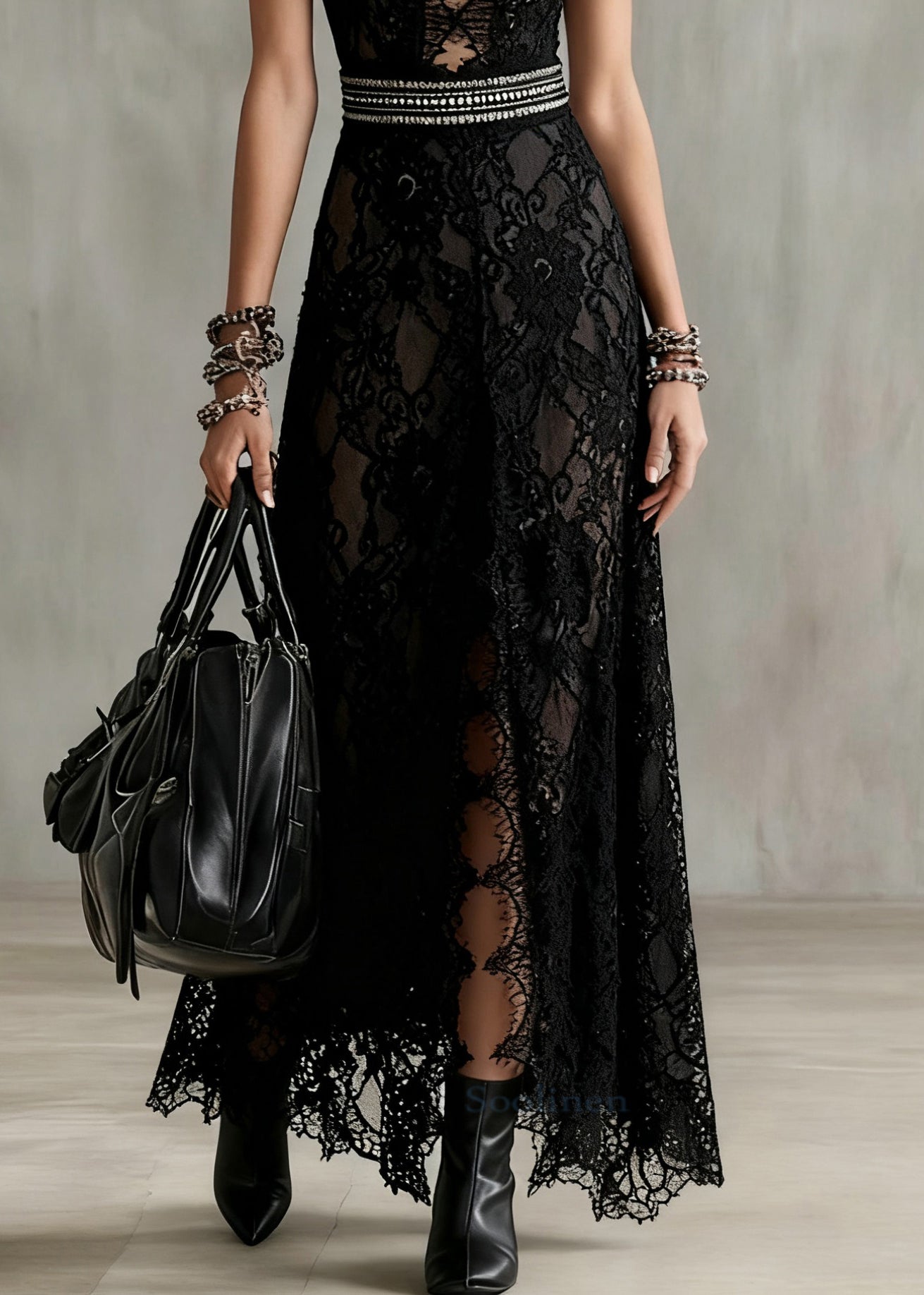 Sexy Black Hollow Out Side Open Lace Long Dresses Sleeveless