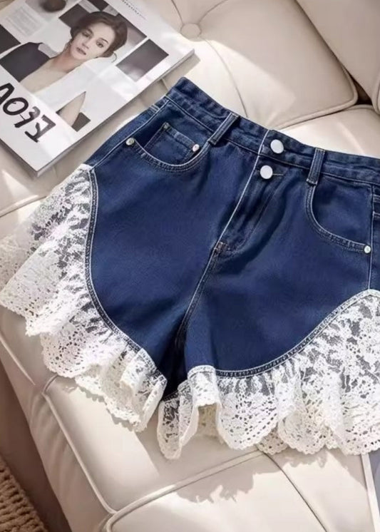 Sexy Black Silm Fit Lace Patchwork Denim Shorts Summer