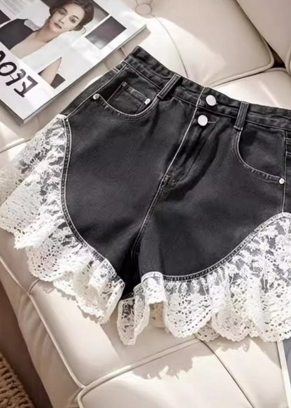Sexy Black Silm Fit Lace Patchwork Denim Shorts Summer