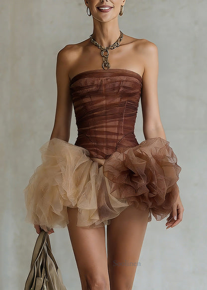 Sexy Brown Cold Shoulder Tulle Patchwork Top And Skirts Two Pieces Set Sleeveless