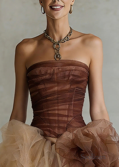 Sexy Brown Cold Shoulder Tulle Patchwork Top And Skirts Two Pieces Set Sleeveless