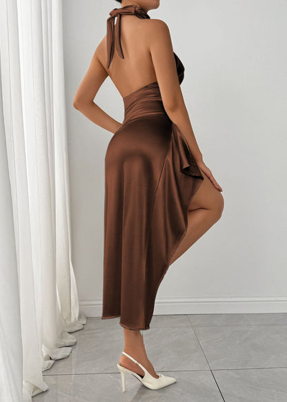Sexy Coffee Side Open Wrinkled Silk Maxi Dresses Summer