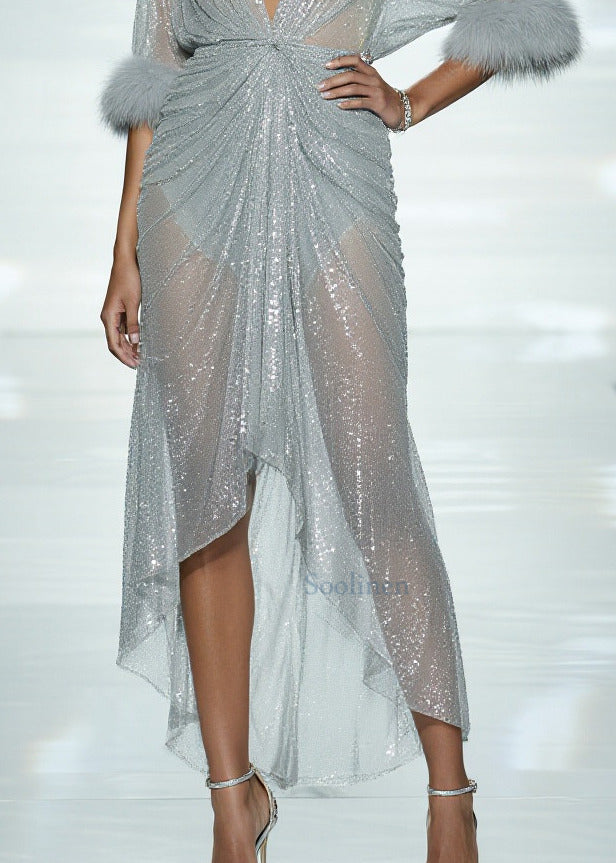 Sexy Sky Blue Sequins Patchwork Faux Fur Tulle Sheer Dress Summer