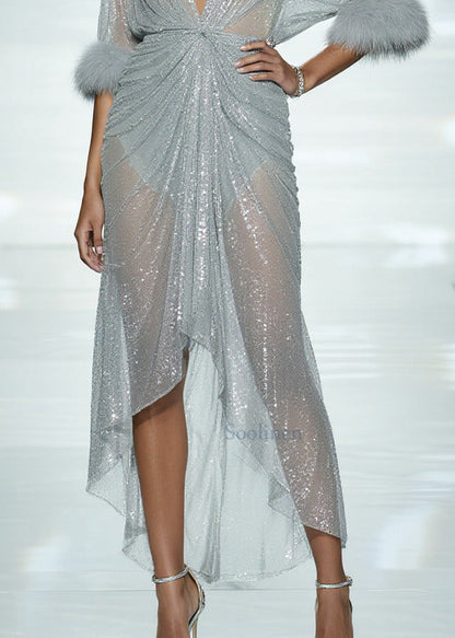 Sexy Sky Blue Sequins Patchwork Faux Fur Tulle Sheer Dress Summer