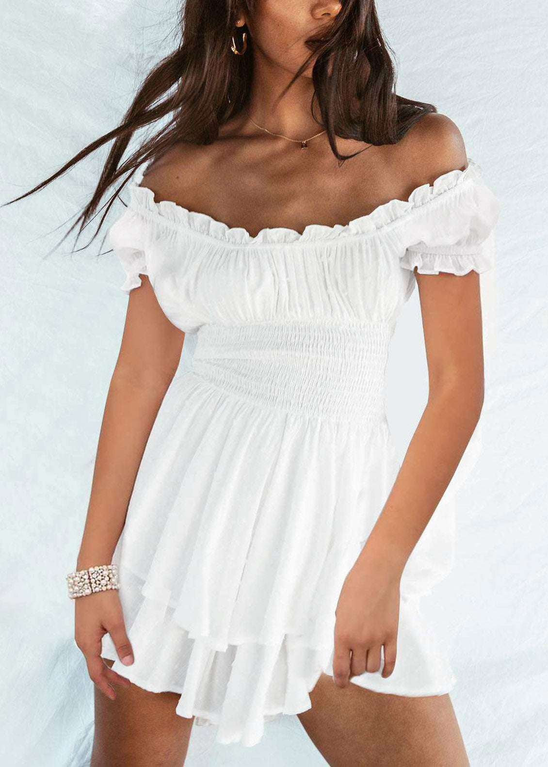 Sexy White Slash Neck Patchwork Elastic Waist Mini Dress Short Sleeve